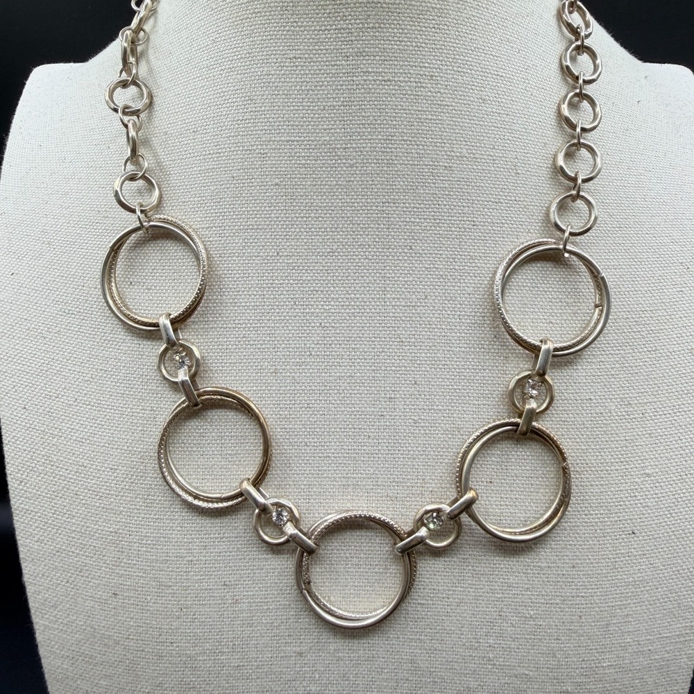 Silver Tone Circle Link Statement Necklace Rhinestone Accents Modern Geometric